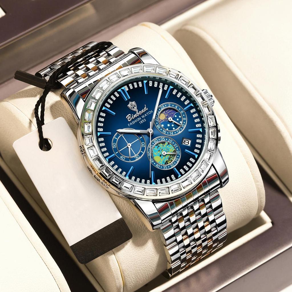 Binbang Men's Quartz Luminous Stainless Steel Multifunctional Waterproof Watch