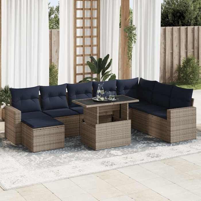 VidaXL Garden Lounge Set with Cushions 9 Pcs Grey Wicker Acacia, Outdoor Sofa Set, Garden Furniture 3326372