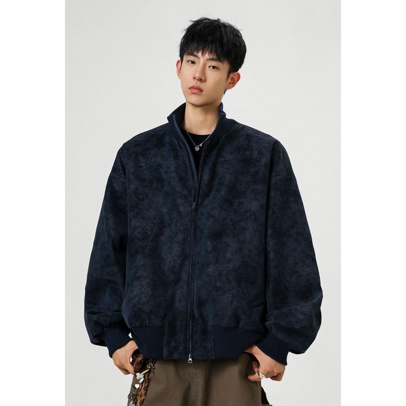 Dongjie [No Logo] Spring and Autumn New Large Size Loose Leather Jacket Trendy Men s Casual Versatile Stand Collar Coat Navy blue XL