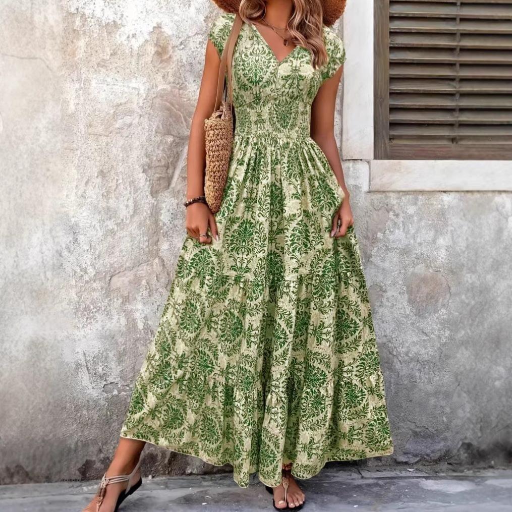 Vintage print dress V-neck short-sleeved dress long dress women's vacation style