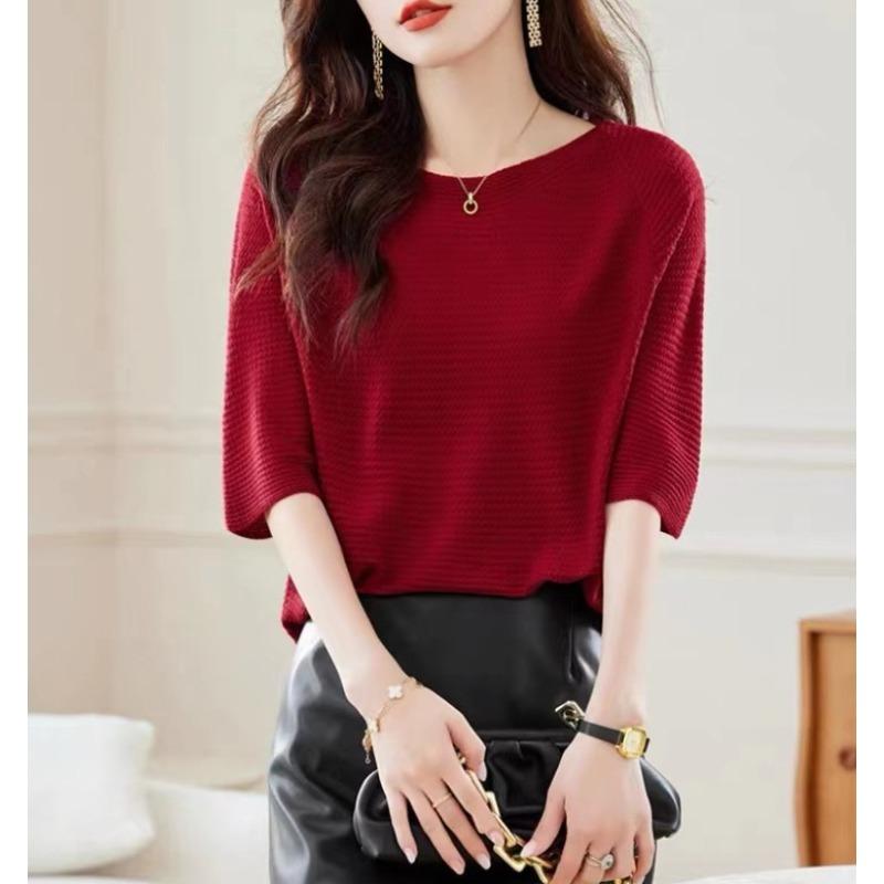 Crew neck medium sleeve T-shirt women's spring and summer new elegant style loose thin knitted sweater fashion pullover sweater women