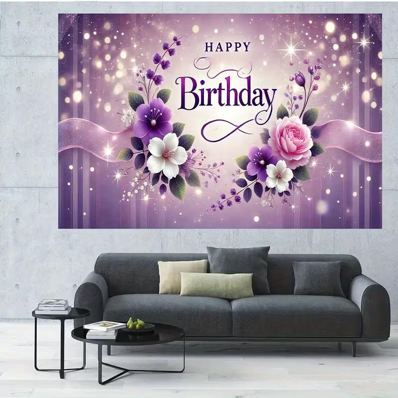 2D Large Purple Birthday Banner Yard Sign Glitter Flower Outdoor Birthday Party Supplies