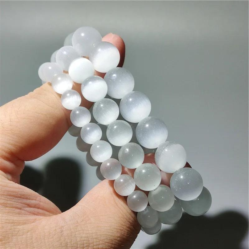 Natural White Cat Eyes Stone Bracelet Women 6/8/10mm Smooth Beaded Braslet Gifts For Lovers Moonstone Braclet