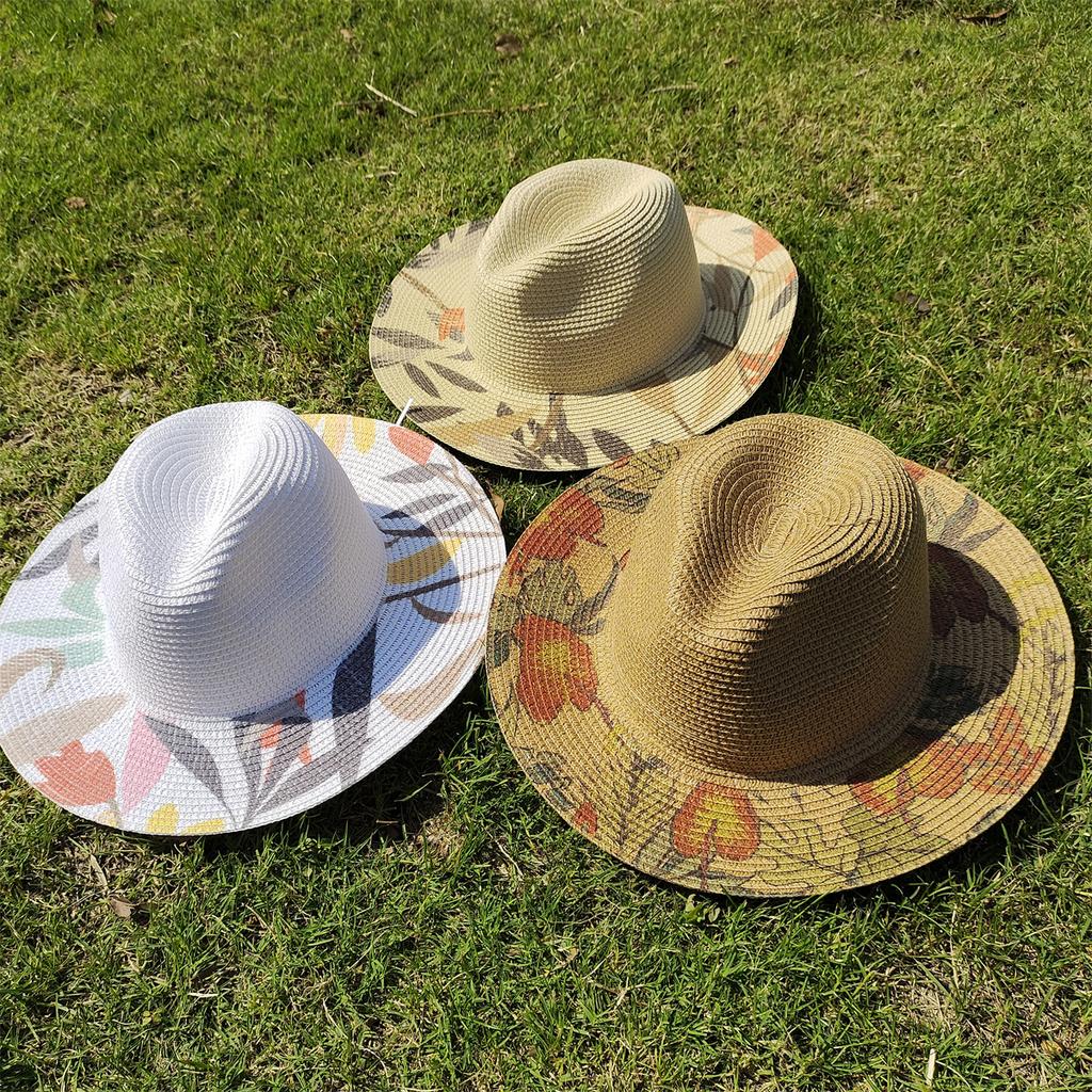 Handmade Graffiti Design Straw Hat Women'S Summer Fresh Grass Weaving Sun Shade And Sunscreen Hat Panama Jazz Sun Hat