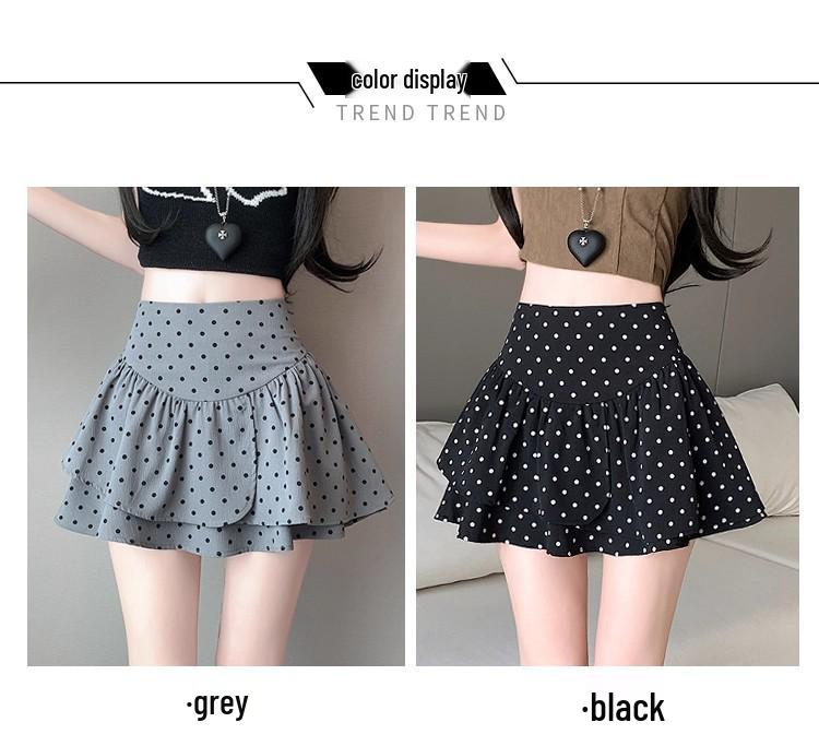 Women's Gray Polka Dot Ruffled Mini Skirt - High Waist, Fluffy, Slimming, Irregular Hem