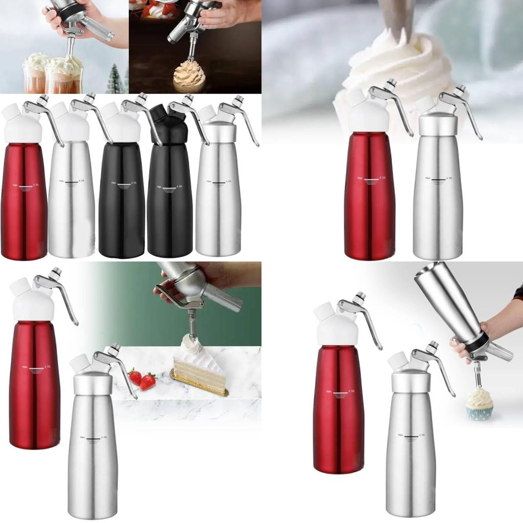Bottiglia sifone per panna montata in acciaio inox di alta qualità, ideale per decorare e guarnire il caffè, disponibile nei formati da 500 ml e 1000 ml.