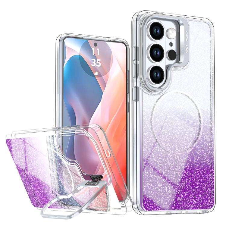 Glitter Gradient Magnetic Phone Case For Samsung Galaxy S25+ / S24+ 5G, Lens Frame Kickstand Wireless Charging Protective Cover