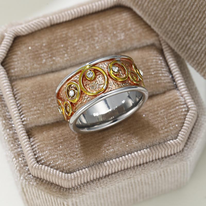

Vintage Classic Gold Color Circular Wide Face Ring with Cubic Zirconia Inlay, Fashionable Zircon Accessories for Men and Women 6