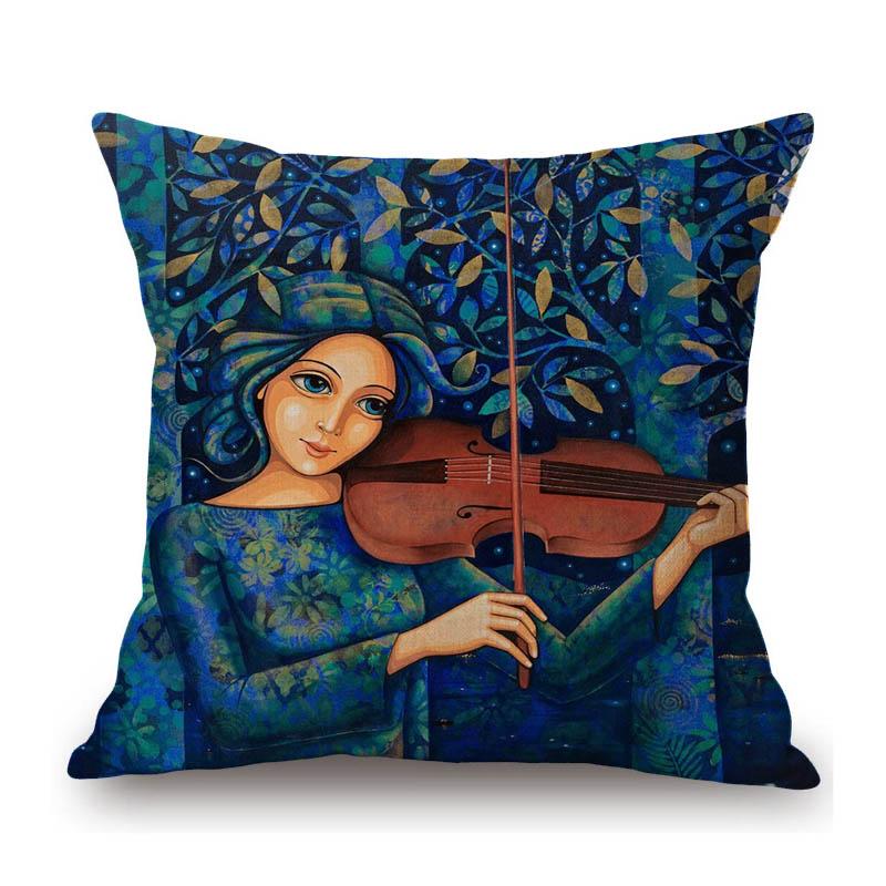 Modern Art Abstract Oil Painting Girl Play Violet Carionet Cotton Linen Sofa Throw Pillow Case Home Decorative Cushion Cover
