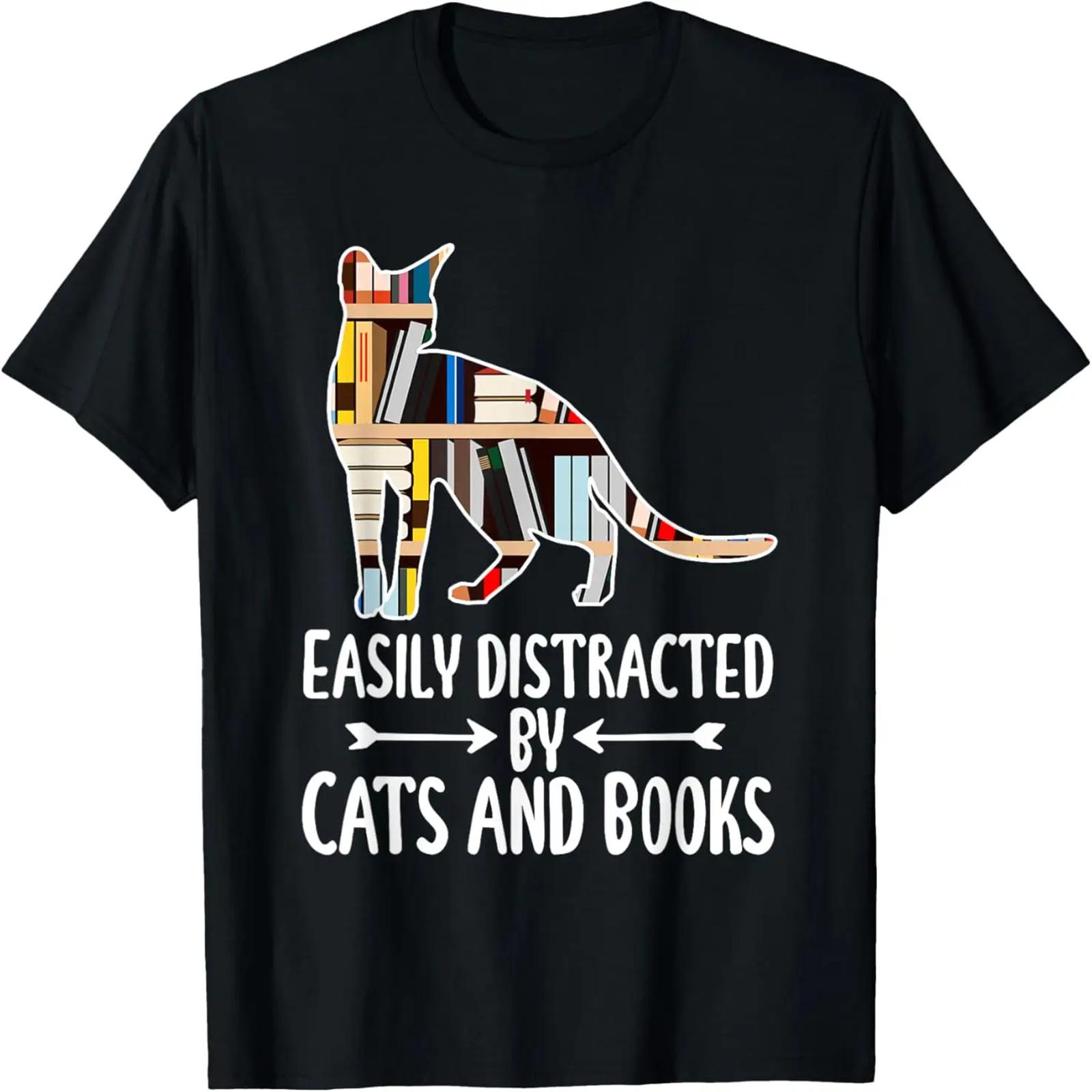 

Easily Distracted by Cats And Books Funny Reader Cat Lovers T-Shirt XXXXXL різнокольоровий