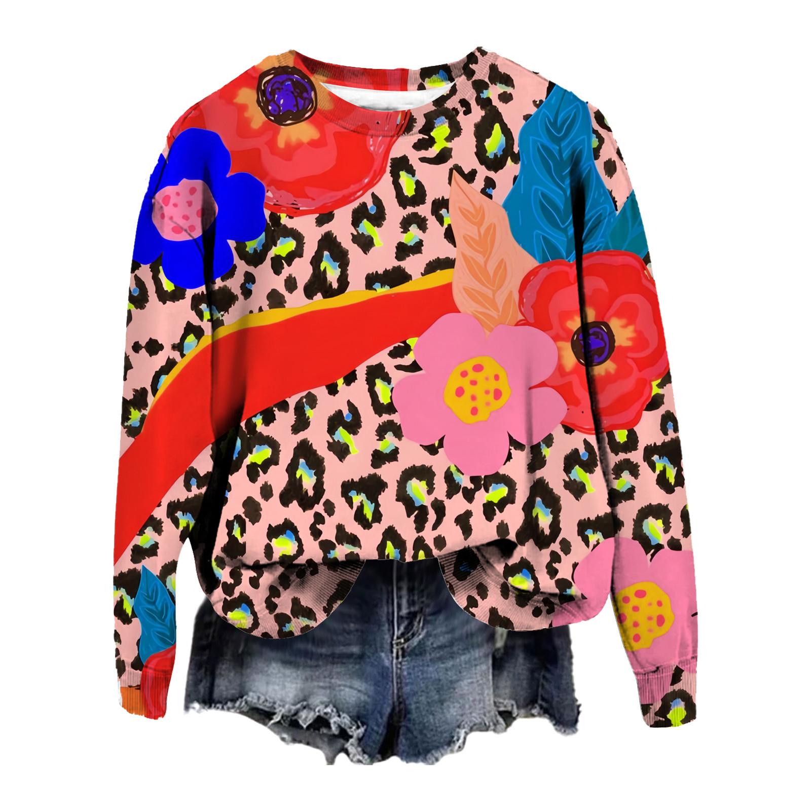 

Женская повседневная мода рождественский принт длинный рукав O-образный вырез пуловер толстовки XL