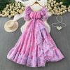 French beautiful super fairy chiffon printed square neck bubble sleeve dress women's vacation waist thin ruffle edge dress