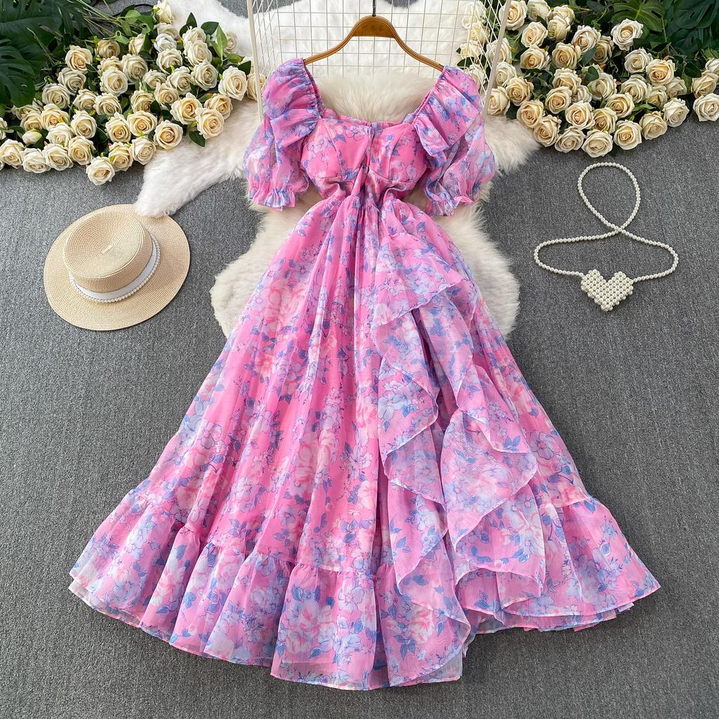 French beautiful super fairy chiffon printed square neck bubble sleeve dress women's vacation waist thin ruffle edge dress