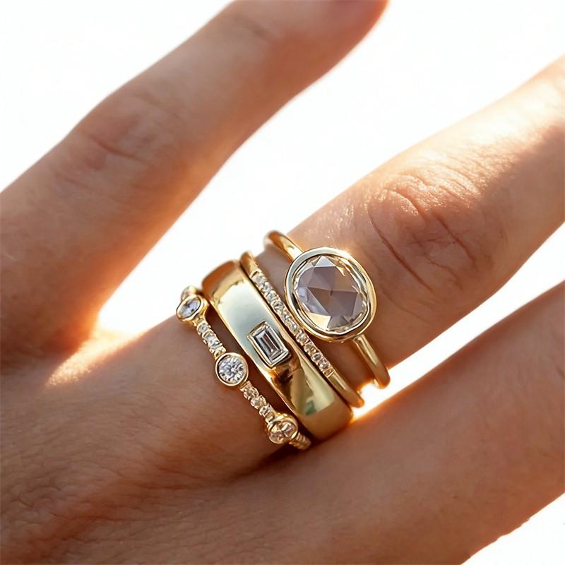Luxury Shine Gold Color Inlaid with White Zircon Set of Rings Fashion Engagement Wedding Women's Ring Jewelry Sets