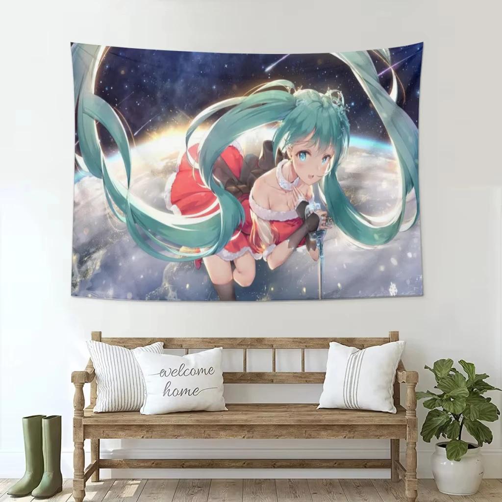 Neko Cat Girl Anime Tapestry Blue Hair Miku Print Polyester Wall Hanging Kawaii Otaku Decor for Bedroom  Living Room