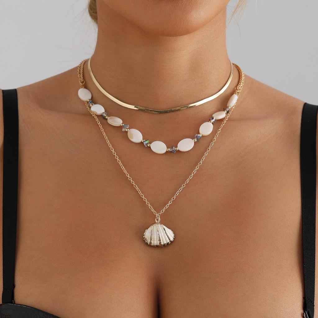 Ocean Wind Shell Multi-layer Stacked Necklace, Retro Vacation Oval Fritillary Beaded Necklace