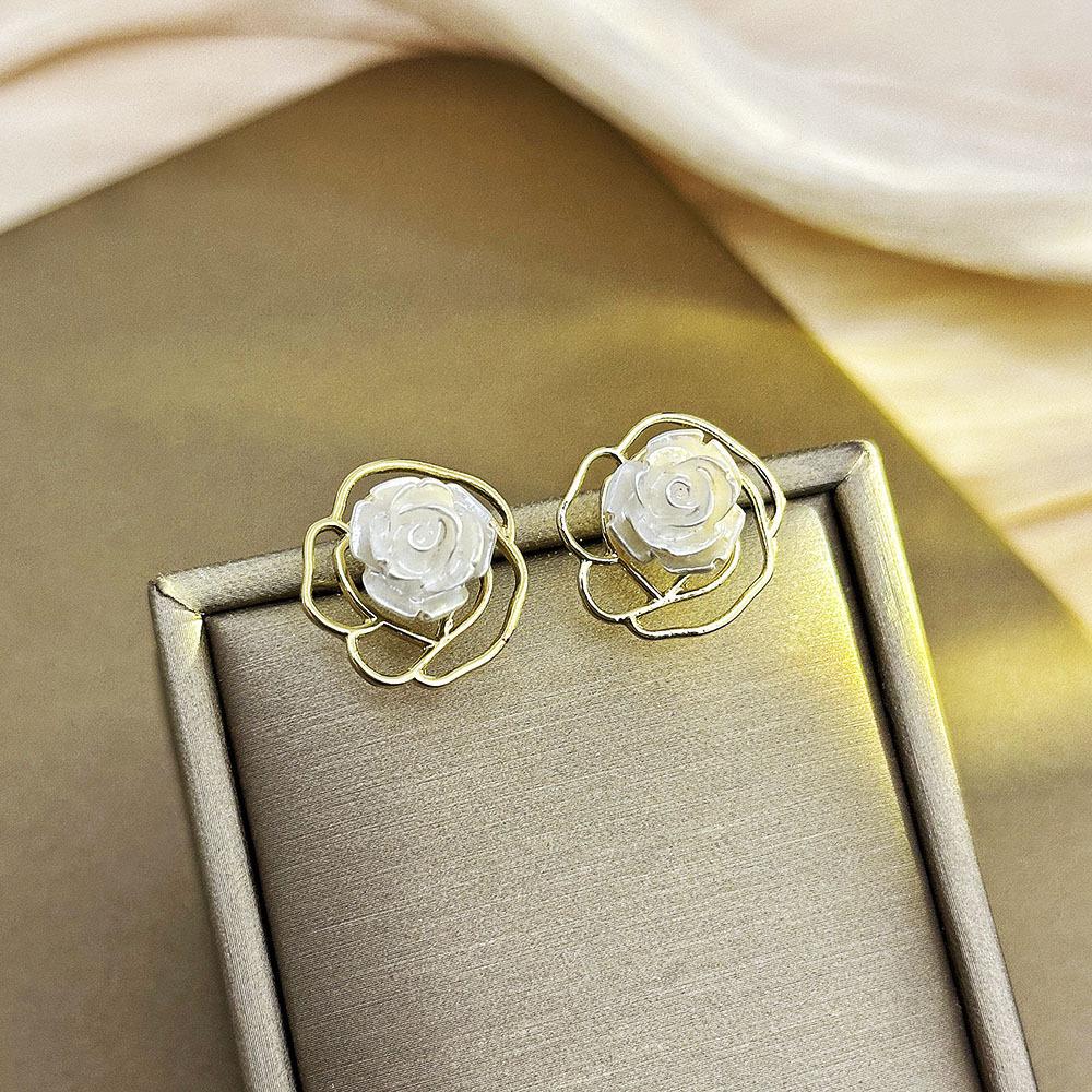 French Retro Rose Stud Earrings: Elegant, Light Luxury, Silver Hollow Design for Women