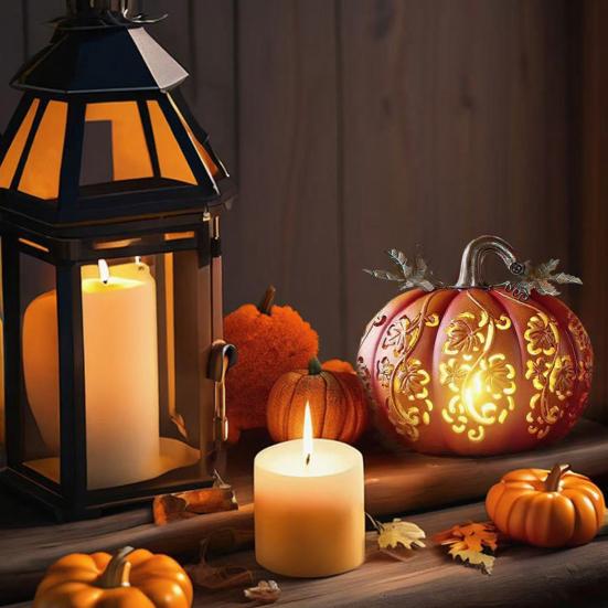 Halloween Pumpkin Light Hand-Carved Vine Hollow Decorative Lamp Resin Lighted Pumpkin with Flickering Candlelight Effect for Halloween Thanksgiving