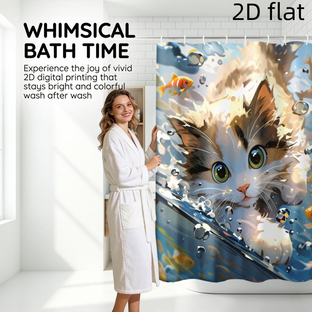 Cute Cat Shower Curtain Waterproof Fabric Bathroom Decor with Hooks Funny Kitten Fish Print Bath Curtains Home Accessories