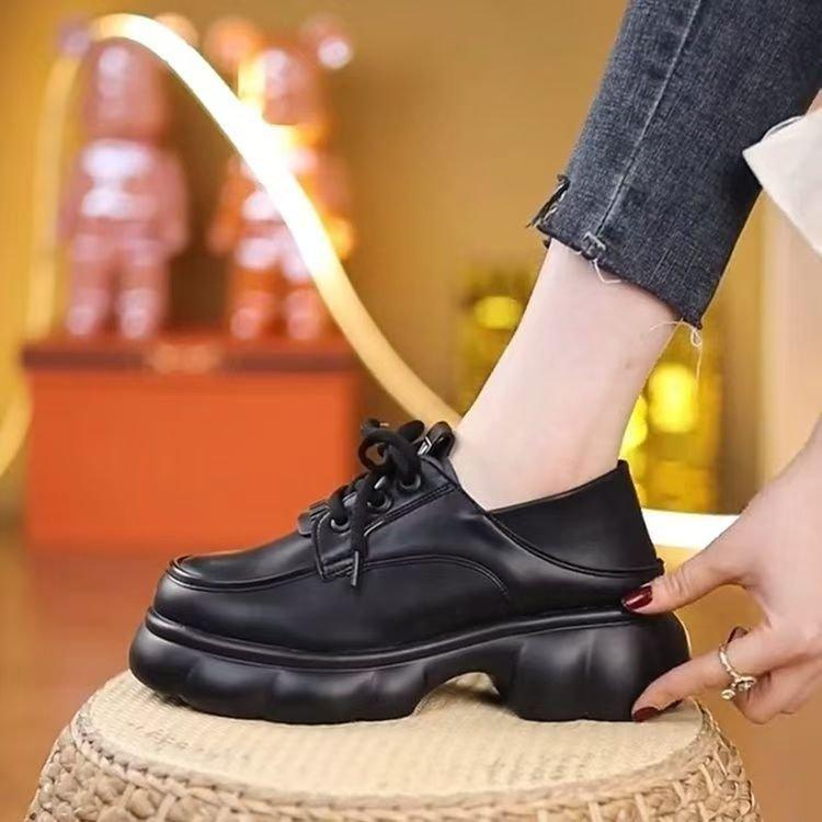 Platform Internet Celebrity Loafers Women's 2025 New Black Small Leather Shoes French Soft Sole Heightening British Style Lace-up Single Shoes
