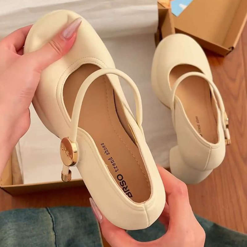 

Black French small thick heel high heels women s new summer skirt Mary Jane light mouth small leather shoes 40 бежевый