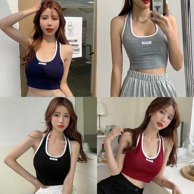 Damen-Tanktop mit Buchstaben und Neckholder, schlankes, freiliegendes Nabel-Strickunterhemd