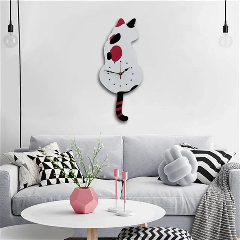 Wall Clock Creative DIY Cat Acrylic Wall Clock with Swing Tail Pendulum for Living Room Bedroom Home Decor Battery Not Included