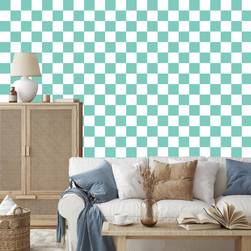 Checkerboard Wallpaper White, Sea Green and Mint for Living Room and Bedroom 50x1000