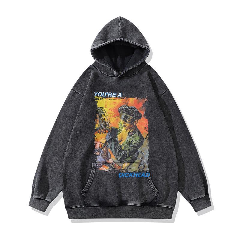 American Street Retro Trendy Brand Hoodie Cartoon Print Washed Old Loose Hooded Sweater Men