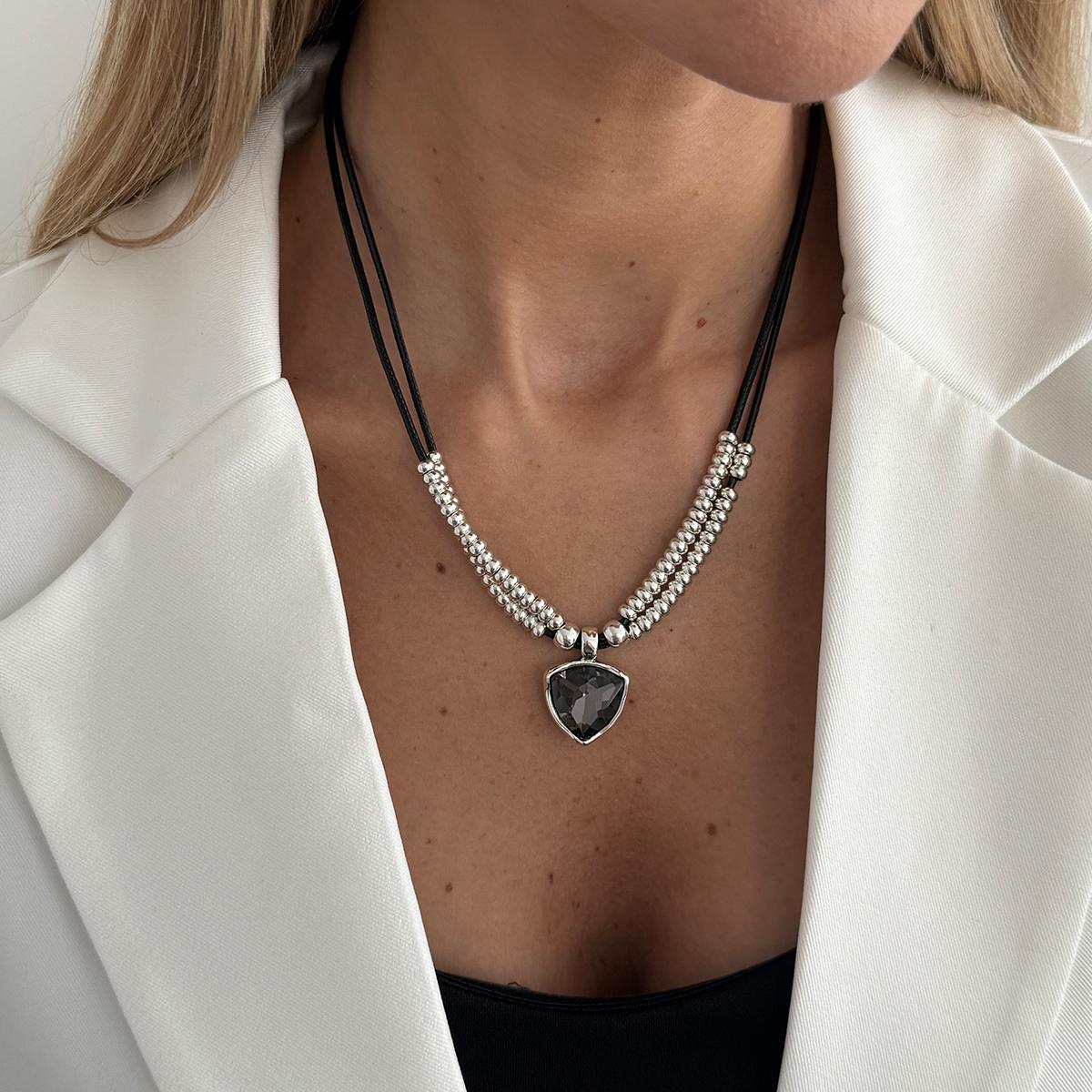

SHIXIN Trendy Shiny Acrylic Rhinestone Heart Pendant Necklace Women Retro Stacked Leather Rope Chain Beads Choker Necklace Gift