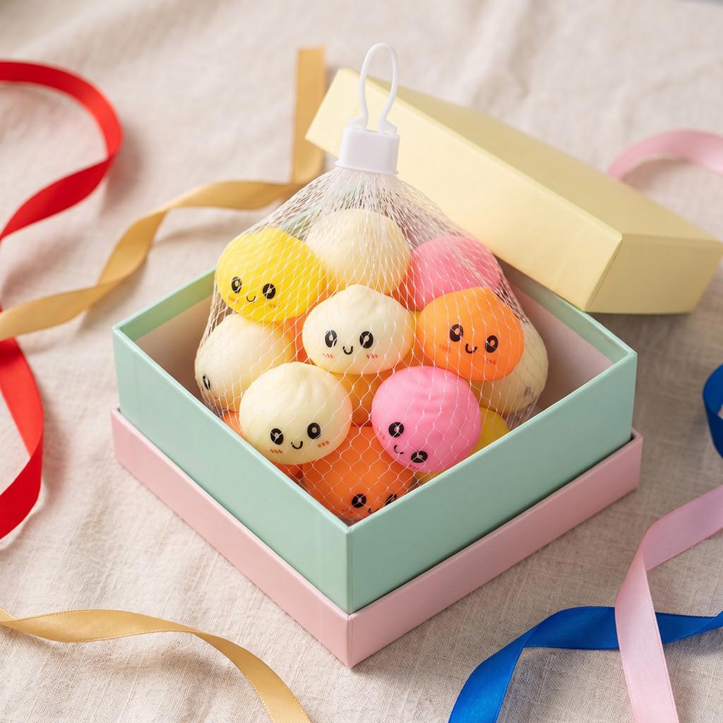 Toy Steamed Bun Stress Toy - 4cm Buns, 12 Pack Mixed Colors (Yellow,, Orange) in Mesh Bag