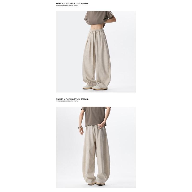 Vintage Linen Wide Leg Pants Elastic Waist Draped Loose Baggy Trousers Summer Casual Streetwear Long Pants