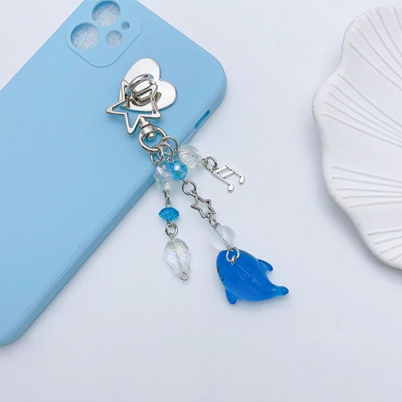 Creative Cartoon Whale Keychain Star Pendant Resin Beaded Keyring for Women Bag Backpack Car Key Holder Phone Case Charm