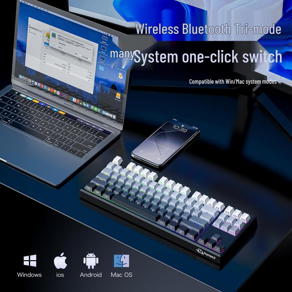 Free Wolf M87V2 Wireless RGB Mechanical Feel Keyboard with PBT Side-Printed Keycaps and Bluetooth Connectivity