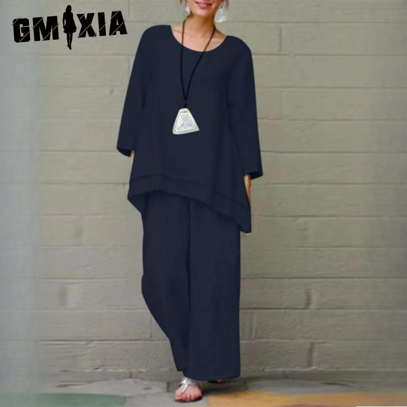 

Женский однотонный винтажный брючный костюм GMXIA, повседневный хлопковый комплект из хлопка и льна с длинным рукавом и свободного кроя XXXXXL темно-синий