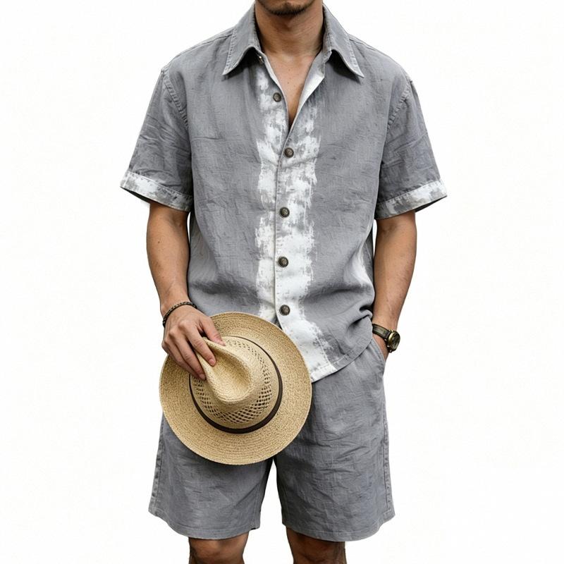 Men Brushstroke Print Lapel Short Sleeve Shirt & Drawstring Waist Shorts Two Piece Set
