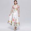 Wunderschönes Blumenwickel-Langarmkleid Damen V-Ausschnitt Laternenärmel Chiffon-Patchwork Dickes Satin-Band-Schnürgürtel Partykleid