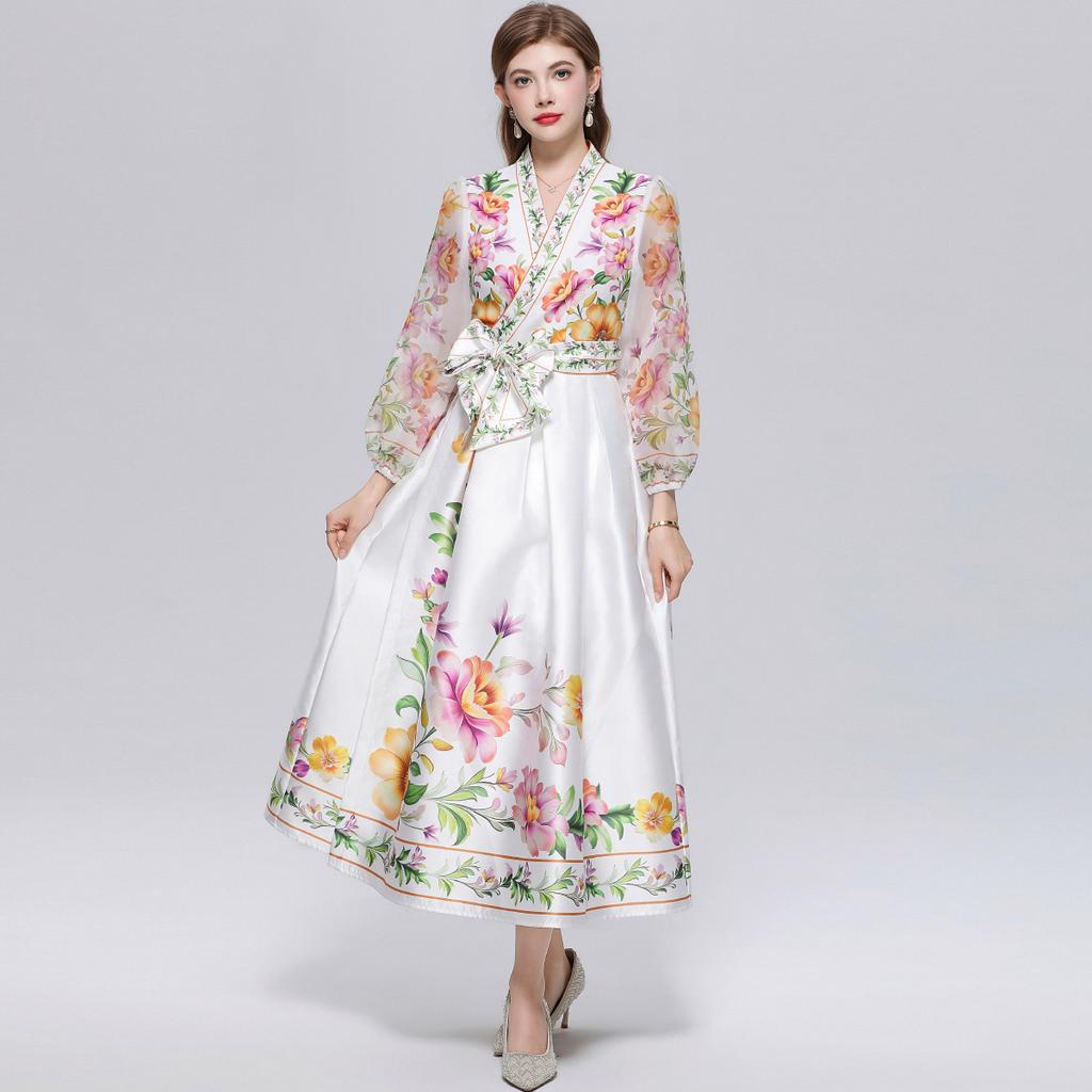 Wunderschönes Blumenwickel-Langarmkleid Damen V-Ausschnitt Laternenärmel Chiffon-Patchwork Dickes Satin-Band-Schnürgürtel Partykleid