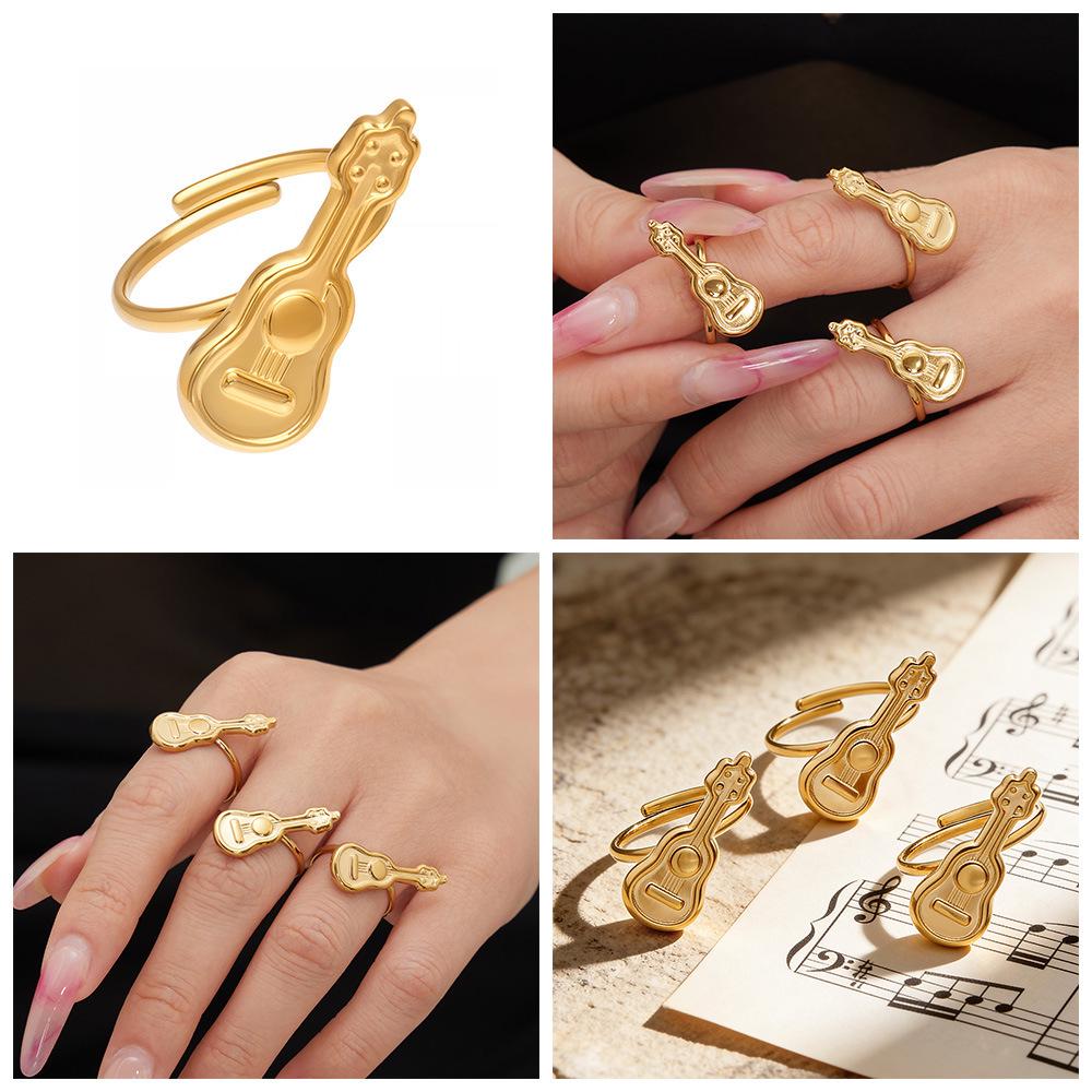 18K Gold-Plated Stainless Steel Guitar Open Ring - Trendy College Style Accessory with Niche Design.