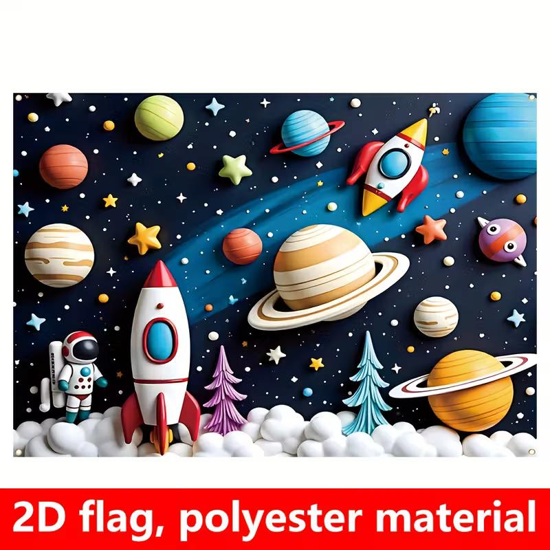 Cartoon Space Tapestry, Planets & Rockets Background Cloth, Kids Room Decor