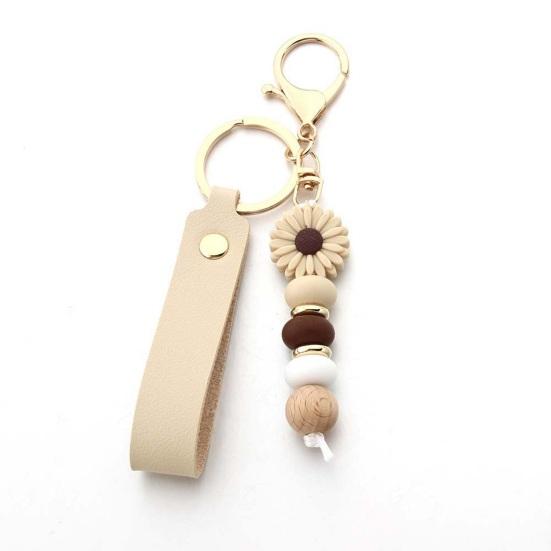 Aesthetic Key Ring Silicone Flower Keychain with Faux Leather Wristlet, Car Lanyard Pendant, Handbag Backpack Charm Wood Beads Bead Wristlet