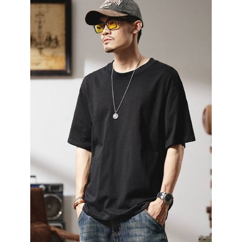 Men's Summer Trendy Brand Plain Cotton Round Neck Short-Sleeve T-Shirt, Versatile Loose Fit Base Layer Top