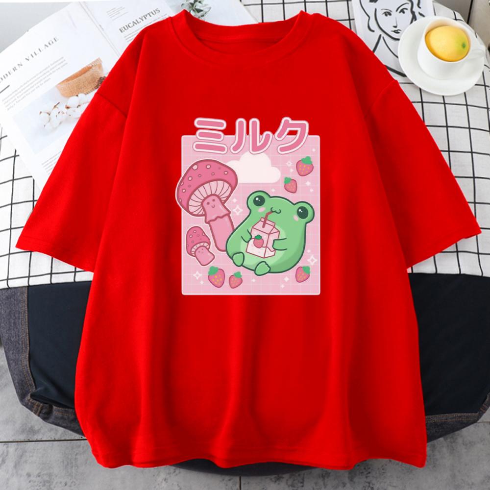 Broscuță Băutură de Căpșuni Ciupercă Desen Animat Tricou Stil Verde Proaspăt Topuri Largi 100% Bumbac Vară Harajuku Casual Zilnic Mânecă Scurtă
