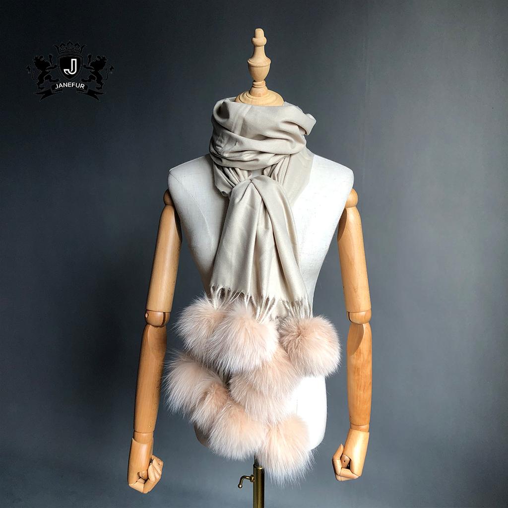 Factory Direct Pashmina Shawl Women Cashmere Scarf Shawl With Fox Fur Pompoms
