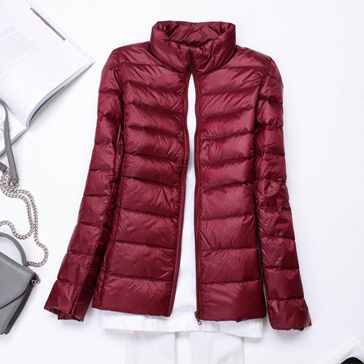 Women's Lightweight Slim Fit Down Jacket - Solid Color, Stand-Up Collar, Plus Size, Short Length