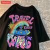 Mode Baumwolle Damen T-Shirts Alien UFO Weltreise Drucke Kurzarm Rundhalsausschnitt Weich Atmungsaktiv Street Damen Kleidung