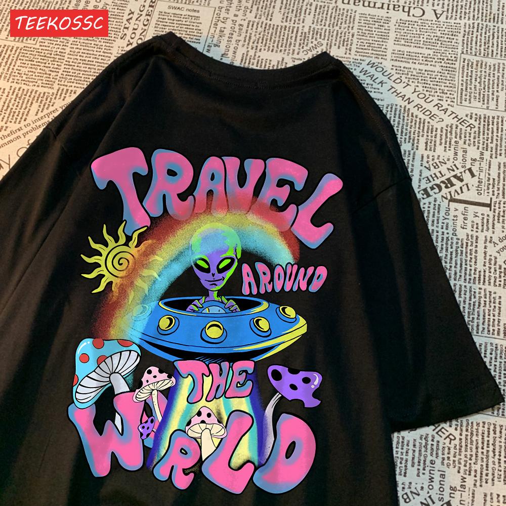 Mode Baumwolle Damen T-Shirts Alien UFO Weltreise Drucke Kurzarm Rundhalsausschnitt Weich Atmungsaktiv Street Damen Kleidung