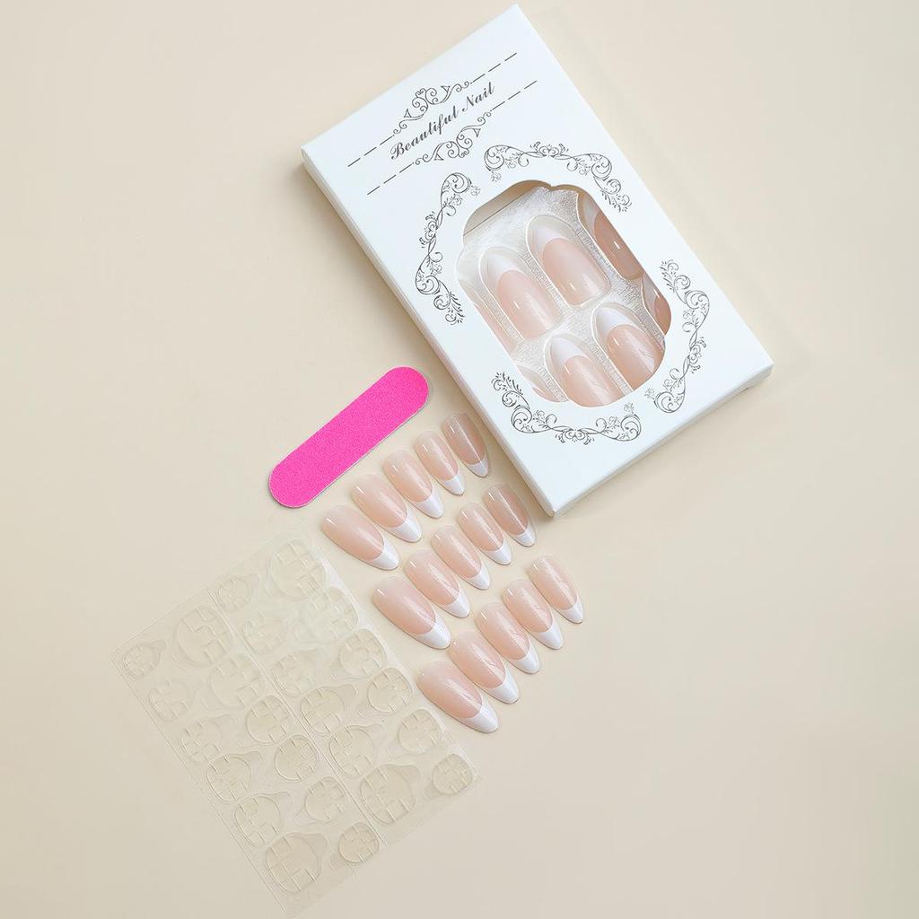 Almond French White Edge Wearable Press-On Nail Art Patches