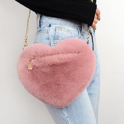 Cute Sweet Love Heart Shaped Women's Crossbody Bags Fashion Soft Plush Ladies One Shoulder Bag Comfortable Fluffy Solid Color Chain Female Handbags