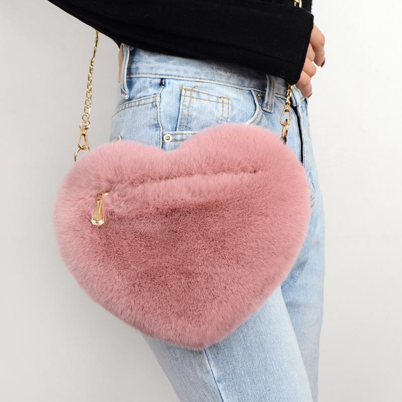 Niedliche Süße Liebesherzförmige Damen Umhängetaschen Mode Weich Plüsch Damen Ein-Schulter-Tasche Bequem Flauschig Einfarbig Kette Damen Handtaschen